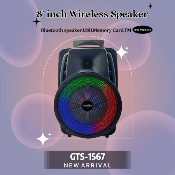 GTS 1567 20 cm Wireless Portable Bluetooth Speaker With Led Light  Radio Sd card  USB