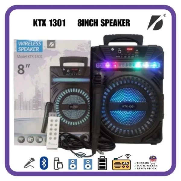 KTS Speaker KTX 1301 Wireless 20 cm high quality portable speaker  Wired Microphone Karaoke with LED flash light